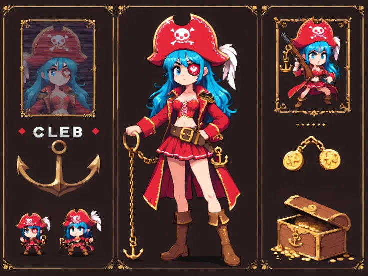 (Pixel art, dynamic action, dynamic pose, cute illustration, pop design, super popular pixel games, masterpiece, best quality, hyper-detailed, absurd, very aesthetic, beautiful & delicate color, good anatomy),
BREAK, 1girl, Pirate costume, Red pirate hat ...