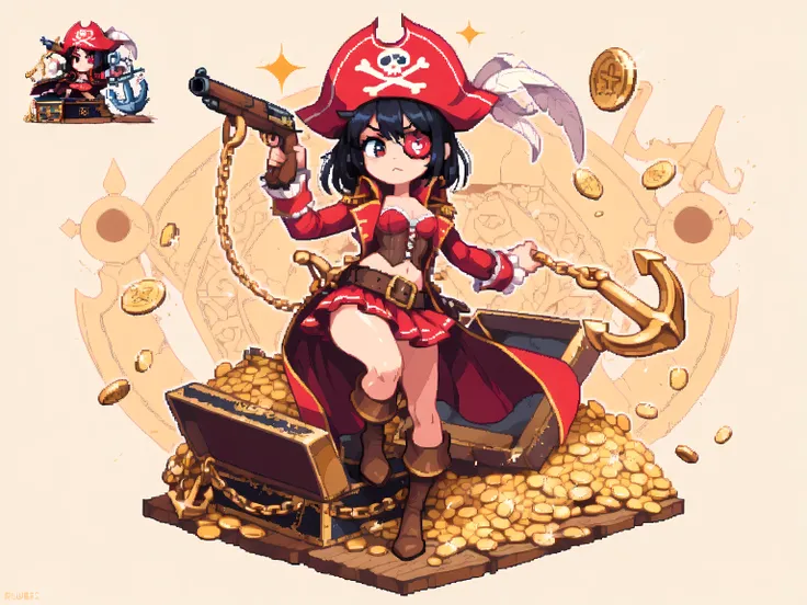 (Pixel art, dynamic action, dynamic pose, cute illustration, pop design, super popular pixel games, masterpiece, best quality, hyper-detailed, absurd, very aesthetic, beautiful & delicate color, good anatomy),
BREAK, 1girl, Pirate costume, Red pirate hat ...