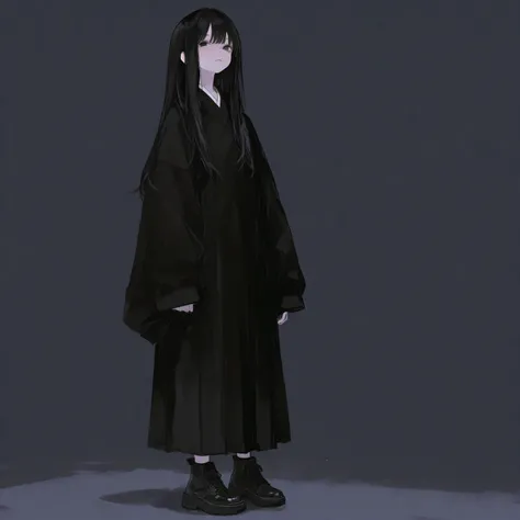 full body　girl　long hair　black hair　black eyes