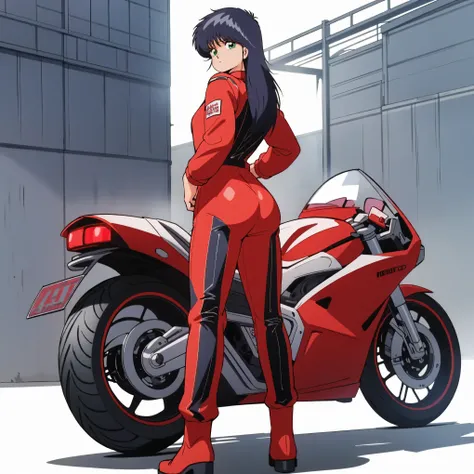 ((A woman wearing a red motorcycle leather jumpsuit, standing with her back to the camera, legs shoulder-width apart, looking back at us, full-length,))), 1girl, Ayukawa Madoka, Madoka Ayukawa, long hair, dark blue hair, green eyes, 傑作, 最高品質, 不条理, retro ar...