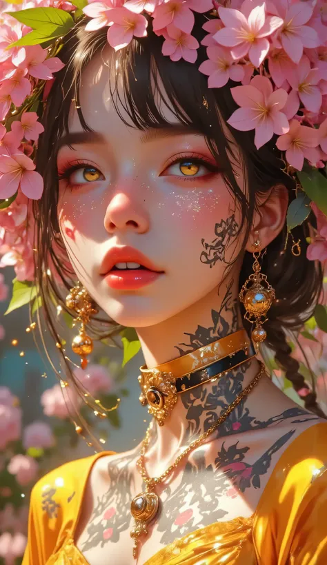 Beautiful Young Woman、Shining eyes、Glossy Lips、Tim Burton style、dynamic composition、Vibrant Decor、Wear clothes inspired by hydrangea flowers、Ultra High Definition、raw, 16k、