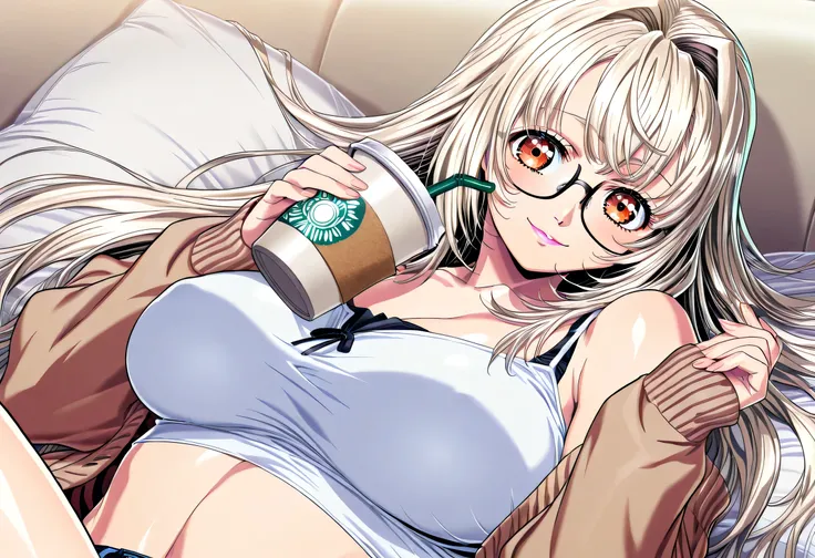 (Yokota Mamoru style),charming smile,(portrait :1.4),and a beautiful young pretty woman with long silky pale blond hair, from belon, pink lips, Very white natural skin, slightly larger chest、V-neck top with thin white spaghetti straps exposing the midriff,...