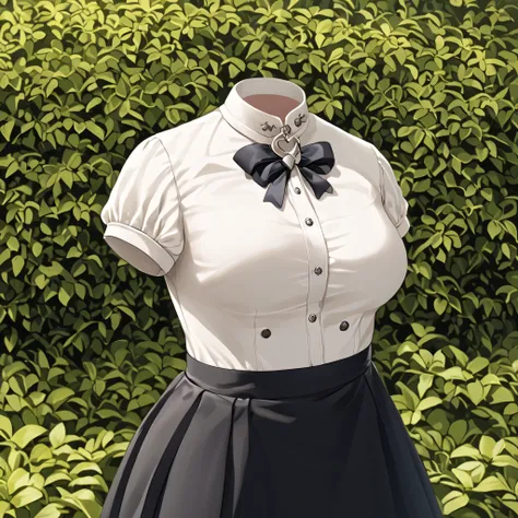 Hilda Valentine Goneril, white blouse, black skirt, Garreg Mach uniform, masterpiece, in garden, (invisible:1.5, no humans:1.5, headless:1.5, faceless:1.5), cute big huge breasts, detailed cloth texture, extremely details, close-up to breasts