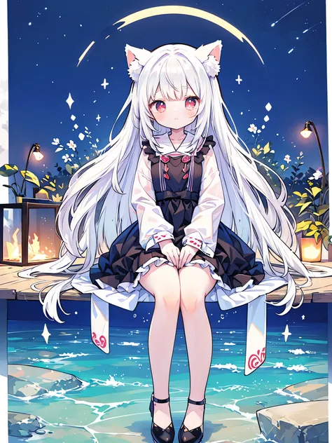 完美的, Cute girl anime visual, White hair的 god, Small curve , White hair女孩, Anime style 4k, White hair, Anime girl with long hair, White hair的, Cute anime girl,blue and red eyes,a little ,long White hair,Amber pupils,Black shoes,Short skirt,Sitting by the l...