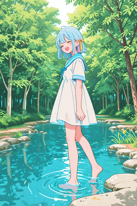 Highest Quality、masterpiece、High Res Photos、Natural Light、vivid color、 summer afternoon due to power outage、a shallow water hole in a park with shady trees、Two s are playing in the water、Artificial creek、white and light blue sailor dress、walking around bar...