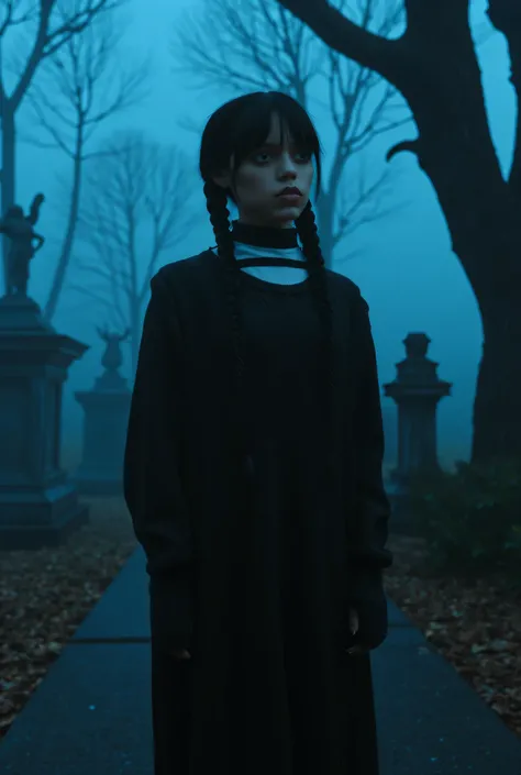 Wednesday Addams, pigtails, nighttime, surreal, foggy, cemetery background, haunting art, sexy, seductive, high detail, masterpiece.