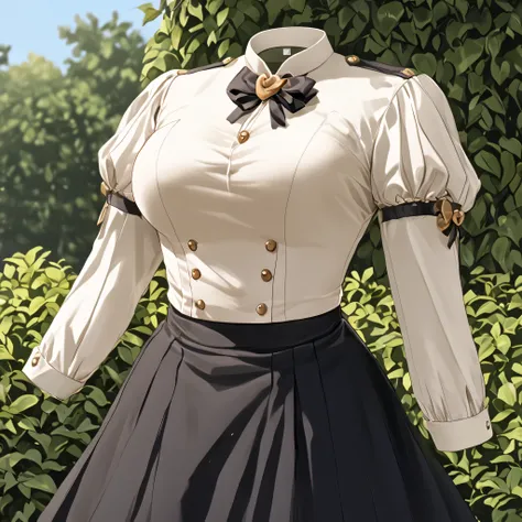 Hilda Valentine Goneril, white blouse, black skirt, Garreg Mach uniform, masterpiece, in garden, (invisible:1.5, no humans:1.5, headless:1.5, faceless:1.5), cute big huge breasts, detailed cloth texture, extremely details, close-up to breasts