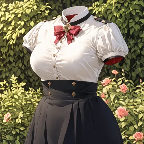 Hilda Valentine Goneril, white blouse, black skirt, Garreg Mach uniform, masterpiece, in garden, (invisible:1.5, no humans:1.5, headless:1.5, faceless:1.5), cute big huge breasts, detailed cloth texture, extremely details, close-up to breasts