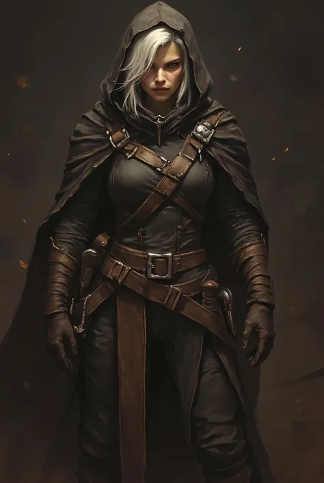 (1female, a young female, a rogue, angular white hair partially hidden under a hooded cloak. wear form-fitting tunic that extends just below the hips, cinched at the waist, wide brown belt, silver rectangular buckle, wear long brown leather gloves extendin...