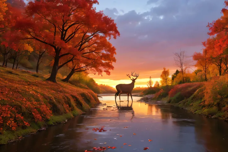 A deer drinking by a river, shrine in autumn mountains dyed in red leaves, fallen leaves dancing in the sunset, no people