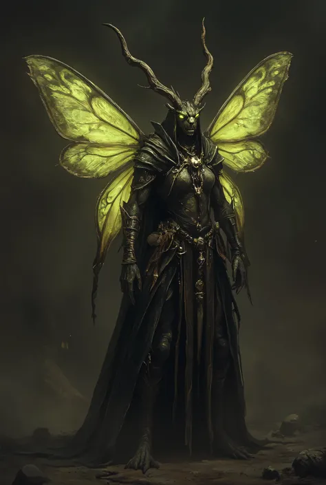 (anthropomorphic character, a moth creature, ethereal moth-like creature, large wings, fluttering, antennae, compound eyes, intricate pattern, standing, medieval fantasy), anthr0dnd, Gul'dan, dark fantasy character, detailed full-body character concept art...