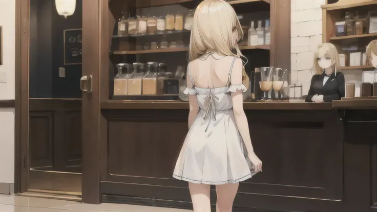 (masterpiece), (ultra quality), 1girl, solo, (cute girl), ((18years old girl)), (golden blonde hair:1.5), (long hair), bang, (blue eyes), (medium large breasts:1.2), fair skin, wearing white sundress with (black string tie) flowing to her knee, modest neck...