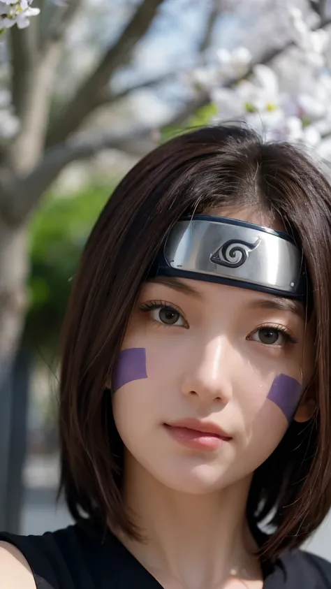 "Create a hyper-realistic portrait of Rin Nohara from Naruto Shippuden as if she existed in the real world. She is a beautiful age girl with soft, natural features and a gentle smile. Her medium-length dark brown hair frames her face, with two purple marki...