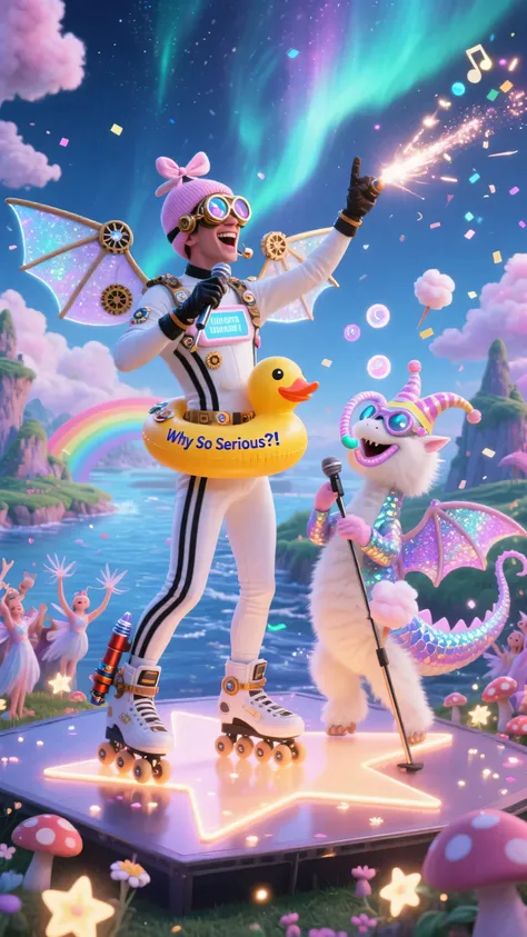 A whimsical and fantastical scene set in a vibrant fantasy realm with floating islands, glowing cotton candy clouds, and sparkling rainbow rivers under a shimmering aurora sky. The quirky adventurer from the Legendary Mount stands on a glowing star-shaped ...