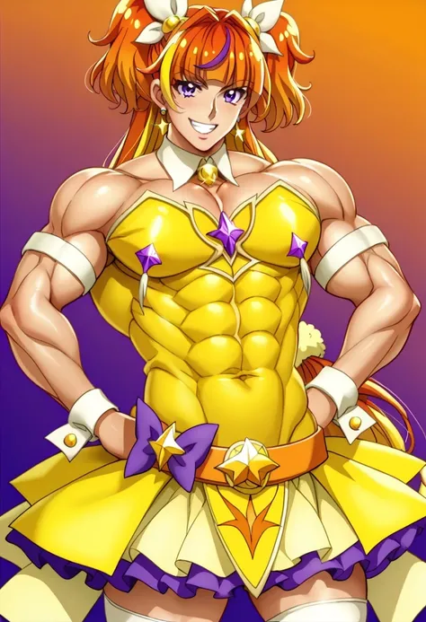score 9 、score 8 up、score 7 up、source anime、傑作、Best quality、Best resolution、anime coloring、1boy、cure twinkle、(male:1.6)、man is wearing a yellow strapless dress、solo、long hair、orange hair、low tied long hair、multicolored hair、brown hair、two tone hair、gradien...