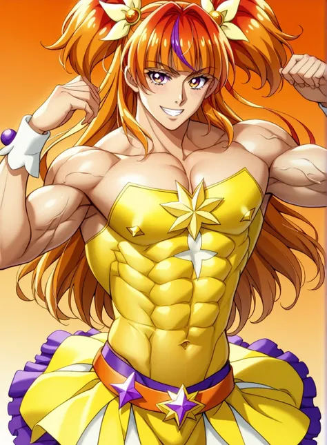 score 9 、score 8 up、score 7 up、source anime、傑作、Best quality、Best resolution、anime coloring、1boy、cure twinkle is a boy、(male:1.6)、man is wearing a yellow strapless dress、solo、long hair、orange hair、low tied long hair、multicolored hair、brown hair、two tone hai...
