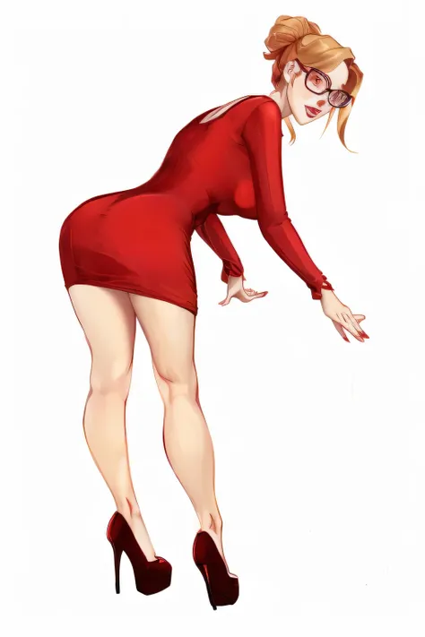 cartoon of a woman in a red dress and glasses bending over, succubus in a tight short dress,   in a dress, high heels. anime style on pixiv, pin-up pose, in a red dress,  sexy pudica pose gesture , The elegant standing position , in a red dress,  sexy red ...