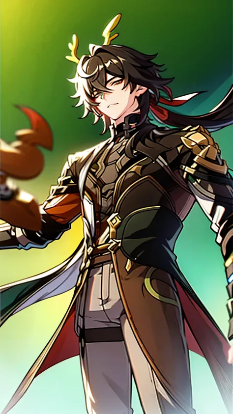 anime screencap, looking at viewer, depth of field, 1 boy, solo, young, male focus, slim male, toned male, pointy ears, green horns, deer horns, dhil, black hair, long hair, green eyes, red eyeliner, tsurime, neutral expression, dragon tail,