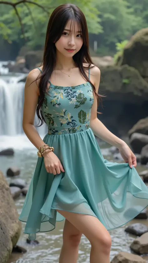 A professional cowboy shot of a solo girl, emphasizing her slender, beautiful legs and thighs, standing with long black hair, realistic style, wearing a sleeveless teal dress with green and black leaf and flower embroidery, accessorized with earrings, brac...