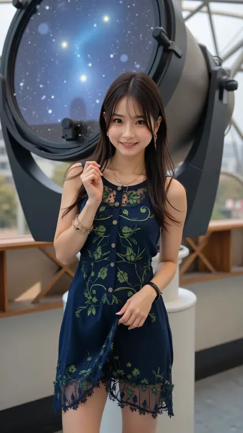 A professional cowboy shot of a solo girl, emphasizing her slender, beautiful legs and thighs, standing with long black hair, realistic style, wearing a sleeveless navy blue dress with green and black leaf and flower embroidery, accessorized with earrings,...