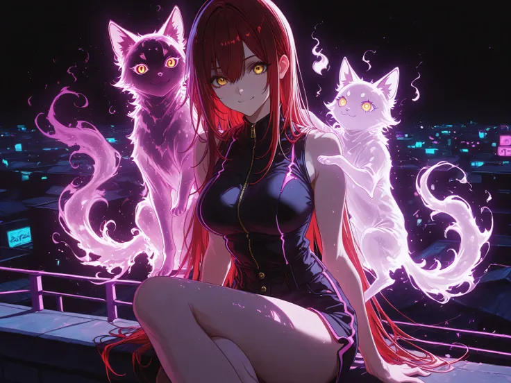 1 girl , golden eyes , very long hair , long sidelocks, red hair , petite , very cute , beautiful ,Straight hair, cool, handsome, hair between eyes, mediumlarge breast, cute eyes, bare shoulders, hoddie, shorts, cute, smiling, ((one imaginary shadow cat,...