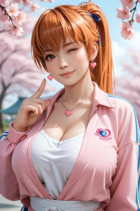 Japanese beautiful girl,   huge breasts, cowboy shots, half body，乳沟，低胸, ,earrings, necklace, Cherry Blossom
playfully, , many little hearts, pink color background,  winked with one eye, and made a playful expression. one eye open, one eye close, ponytail, ...