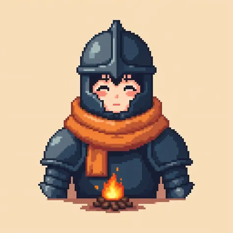 “A pixel art style logo featuring the half body of a medieval knight with the face visible through the helmet’s visor. The knight is wearing a soft, warm scarf wrapped around the neck, symbolizing comfort and rest. The knight has a calm, peaceful expressio...