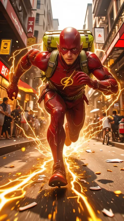 A hyper-realistic, ultra-detailed 8K cinematic wide shot of The Flash running at incredible speed through a bustling urban landscape. He wears his iconic red suit with glowing yellow lightning streaks, and a large, modern food delivery backpack is strapped...