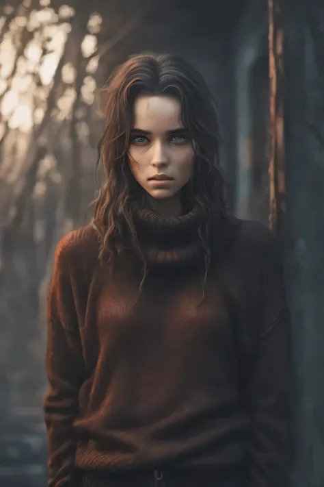 A  , realistic style, big innocent eyes, messy brown hair, colorful sweater, photorealistic, high detail, shallow depth of field
in fire
dark vibe 
dirty
boy 