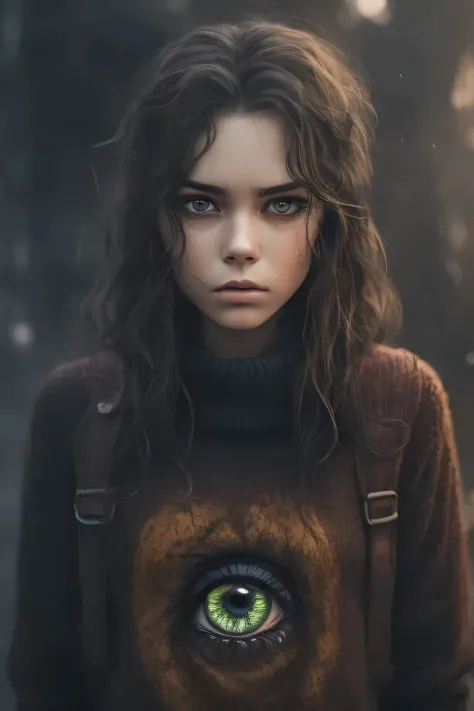 A  , realistic style, big innocent eyes, messy brown hair, colorful sweater, photorealistic, high detail, shallow depth of field
in fire
dark vibe 
dirty
boy 