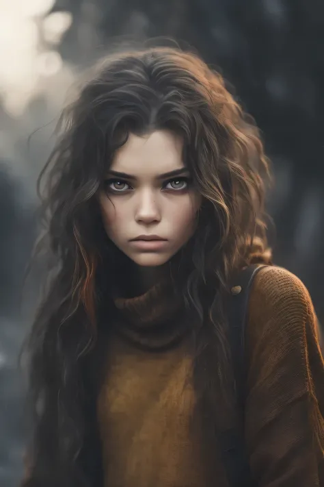 A  , realistic style, big innocent eyes, messy brown hair, colorful sweater, photorealistic, high detail, shallow depth of field
in fire
dark vibe 
dirty
boy 