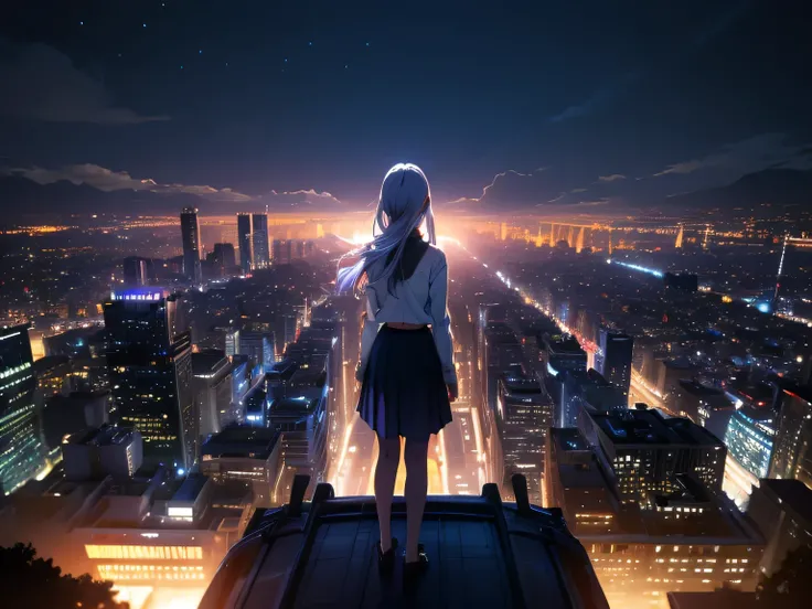 nsfw、animation、Highest image quality、high resolution、Woman standing on the roof of a high-rise building、composition looking down from above、Gentle expressions、adult expression、(((Slender Body)))、((bluish silver hair))、semi-long hair、ponytail、A straight nos...