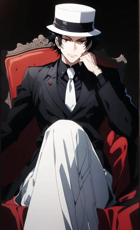 1male,solo,muzan kibutsuji,black hair,red eyes,hat,black jacket,white necktie,black shirt,white pants,slit pupils,portrait,.jujutsu_kaisen