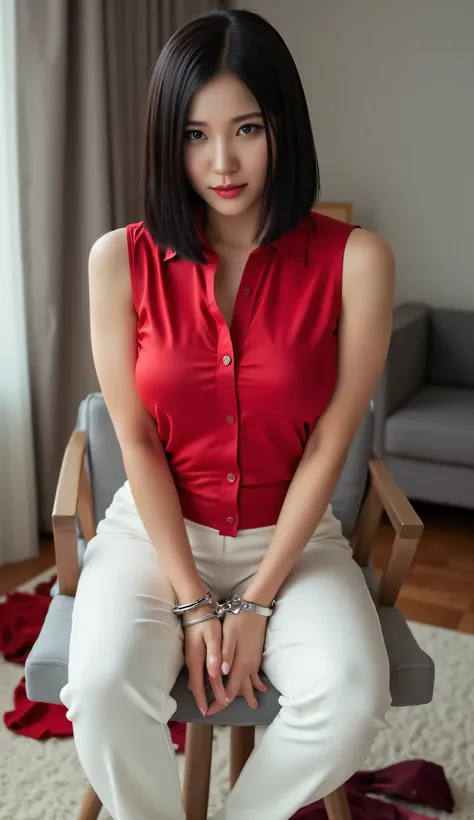 a woman, is in the bedroom, sitting upright in a chair, with both hands tied in handcuffs in front of the body, the body is tied to the chair with a rope, shirt looks full body, body facing front, eyes looking at camera , wearing a sleeveless muslim shirt ...