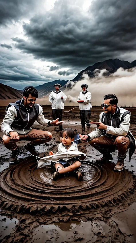 three cute little s wearing white jackets, covered in mud, asphalt covered in mud, cloudy atmosphere.