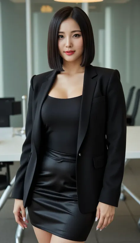 Seorang wanita, berdiri di kantor, wear a tight blazer in black with a short sleeve formal shirt in black, long pencil skirt black satin material, payudara besar, lipstik merah