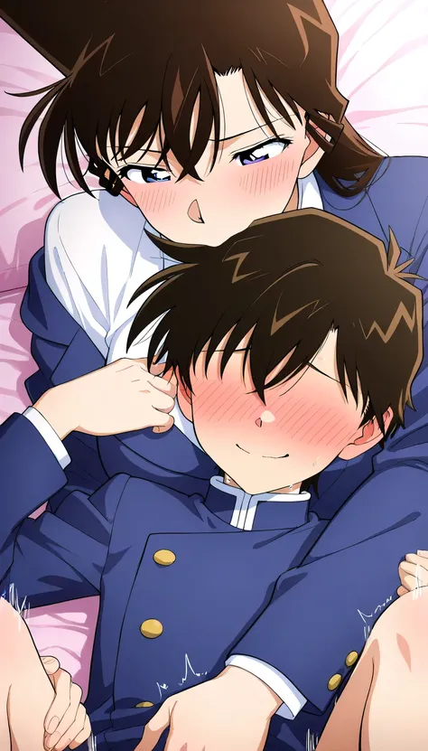 masterpiece,最High Quality,{{beautiful face and eyes with great attention to detail}}, very detailed background,the background is the bedroom,bedroom,  Mouri Ran,long hair,brown hair,hyperbreasted,slender with SMG,skinny, slender with SMG,Thin Body,Motion L...
