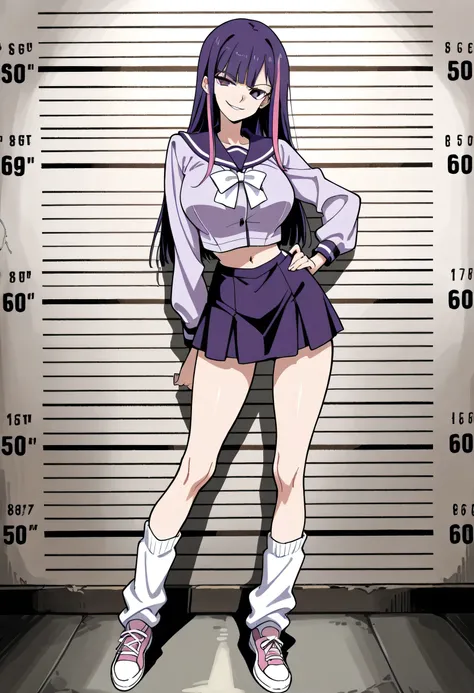 score_9, score_8_up, score_7_up, 1girl, mature, solo, smirk, long hair, bangs , straight hair, purple hair , pink highlights inner , purple eyes, purple sailor school uniform, navel , short skirt, long legs , big breast , arched back , hand on hip , loose ...