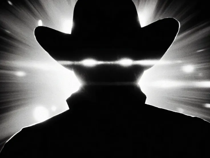 A high-contrast, black-and-white analog film-style portrait of a mysterious figure in a cowboy hat. The silhouette is heavily shadowed, with no visible facial features. The light direction is dramatic, coming from above and behind, casting a glowing edge a...