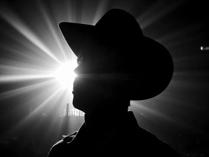 A high-contrast, black-and-white analog film-style portrait of a mysterious figure in a cowboy hat. The silhouette is heavily shadowed, with no visible facial features. The light direction is dramatic, coming from above and behind, casting a glowing edge a...
