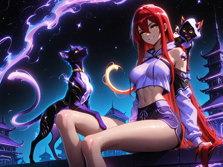 1 girl , golden eyes , very long hair , long sidelocks, red hair , petite , very cute , beautiful ,Straight hair, cool, handsome, hair between eyes, medium breast, cute eyes, bare shoulders, hoodie, shorts, cute, smiling, (( on her shoulder sitting a shad...