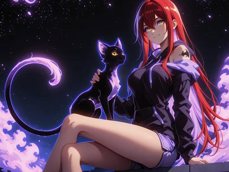 1 girl , golden eyes , very long hair , long sidelocks, red hair , petite , very cute , beautiful ,Straight hair, cool, handsome, hair between eyes, medium breast, cute eyes, bare shoulders, hoodie, shorts, cute, smiling, (( on her shoulder sitting a shad...