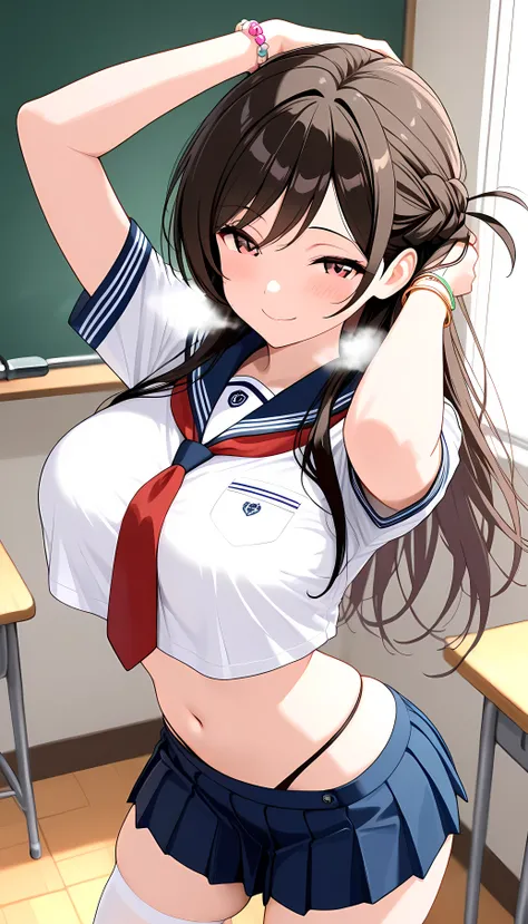 chizuru ichinose, side tie up, masterpiece, best quality, highres, chi1, 1girl, long hair, solo, bracelet, bangs, 1girl, solo, skirt, chalkboard, breasts, school_uniform, thighhighs, navel, crop_top, large_breasts, smile, long_hair, looking_at_viewer, sera...