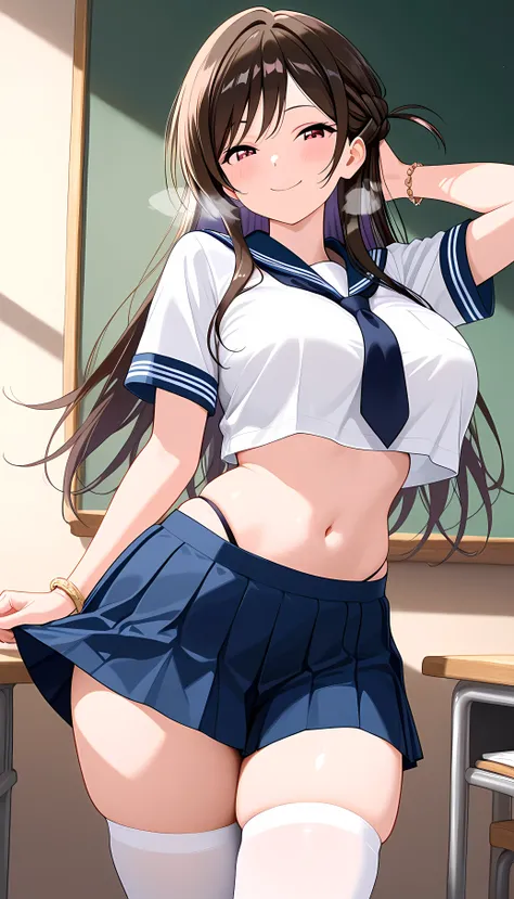 chizuru ichinose, side tie up, masterpiece, best quality, highres, chi1, 1girl, long hair, solo, bracelet, bangs, 1girl, solo, skirt, chalkboard, breasts, school_uniform, thighhighs, navel, crop_top, large_breasts, smile, long_hair, looking_at_viewer, sera...