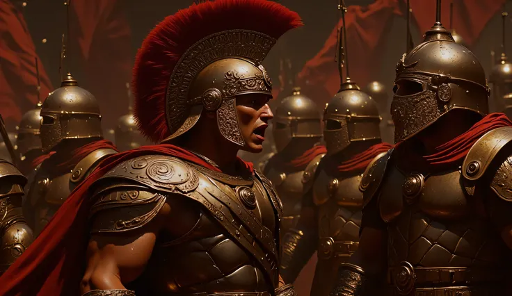 1950s, Image is a dramatic, high-contrast digital artwork depicting a group of ancient Roman soldiers in battle. The central figure is a muscular man with light skin, wearing a detailed bronze helmet with a red plume, and a matching set of armor. His expre...