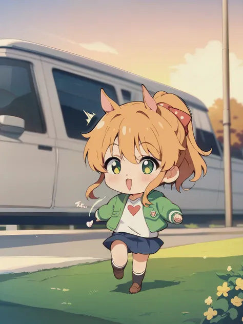 score_9, score_8_ up, score_7_ up, score_6_ up, score_5_ up, Anime，nsfw， uncensored ，( chibi:1.3)， full body silhouette of a cute girl running up the hill、Dress、ponytail、Horse Ears、Horse Tail、high contrast、White and Yellow-Green Duo Tone Style、最大限のかわいらしさを表...