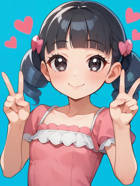 score_9, score_8_up, score_7_up, score_6_up, Source_Anime, nsfw，Little kindergarten girl，Rub、baby， big head，round face，skinny:1.olo, dark haired, twin tails, twin drill, short hair, black eyes, blush, pink dress, happy, lol, upper body，hands up，blue backgr...