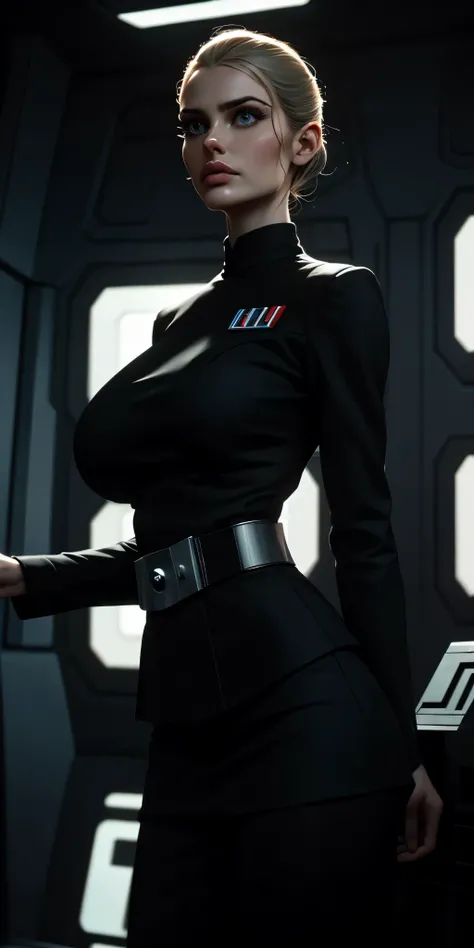 Incredibly detailed cinematic still of a skinny 22 year old with EXTREMELY SAGGY MASSIVE huge breasts, a narrow waist, a supermodel skinny body, with VERY narrow hips, super thin legs, MASSIVE Botox lips, vivid eyes, extremely detailed face, Star Wars Impe...