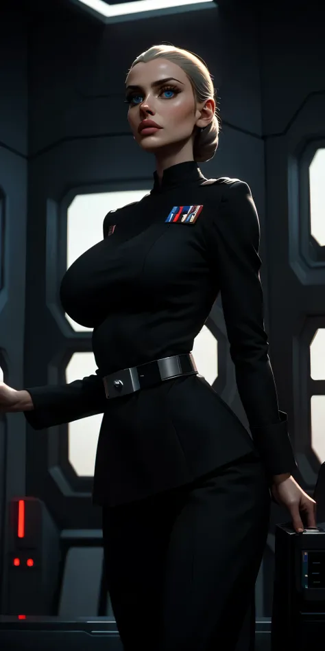 Incredibly detailed cinematic still of a skinny 22 year old with EXTREMELY SAGGY MASSIVE huge breasts, a narrow waist, a supermodel skinny body, with VERY narrow hips, super thin legs, MASSIVE Botox lips, vivid eyes, extremely detailed face, Star Wars Impe...
