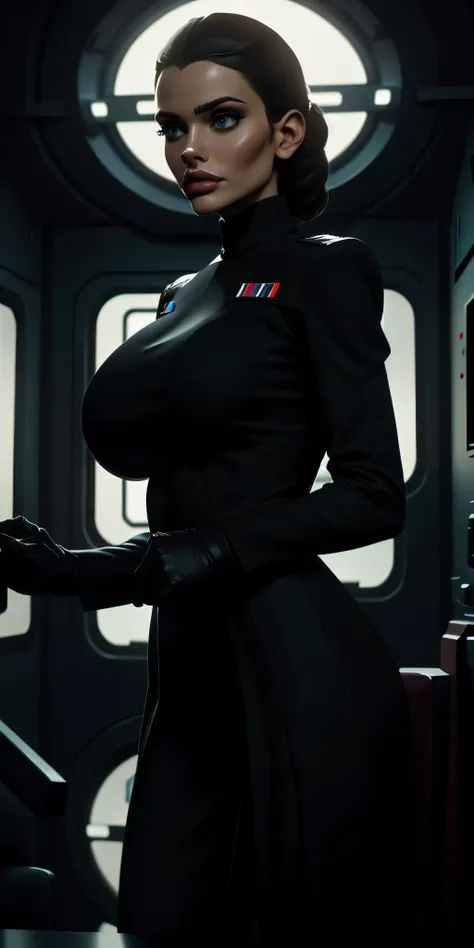 Incredibly detailed cinematic still of a skinny 22 year old with EXTREMELY SAGGY MASSIVE huge breasts, a narrow waist, a supermodel skinny body, with VERY narrow hips, super thin legs, MASSIVE Botox lips, vivid eyes, extremely detailed face, Star Wars Impe...